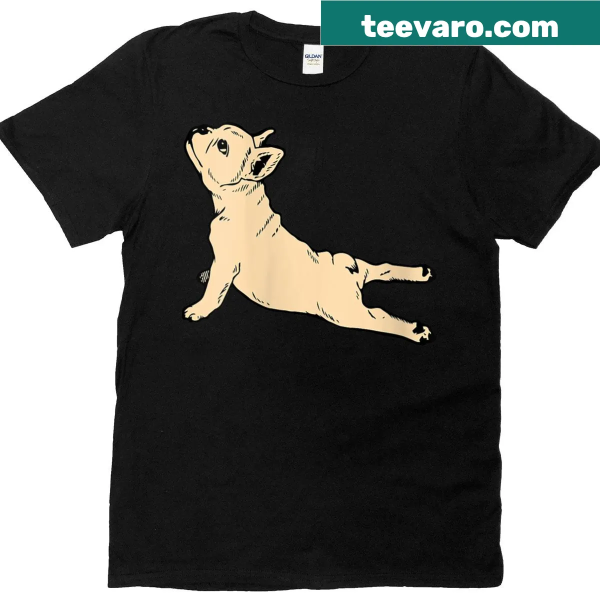 Cartoon dog yoga t-shirt featuring a stretching French Bulldog — on a men's t-shirt