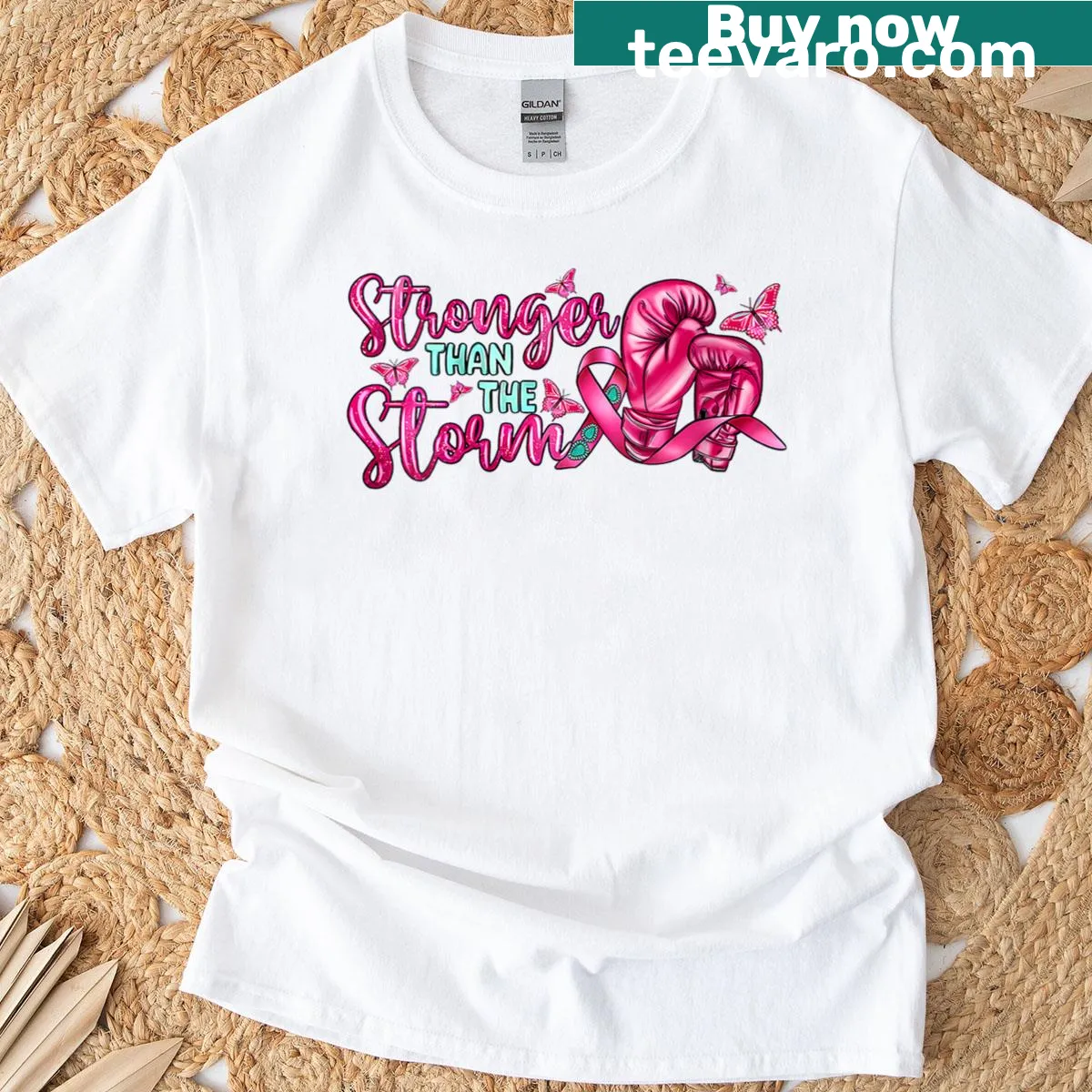 Empowering t-shirt with boxing gloves and breast cancer ribbon — on a men's t-shirt