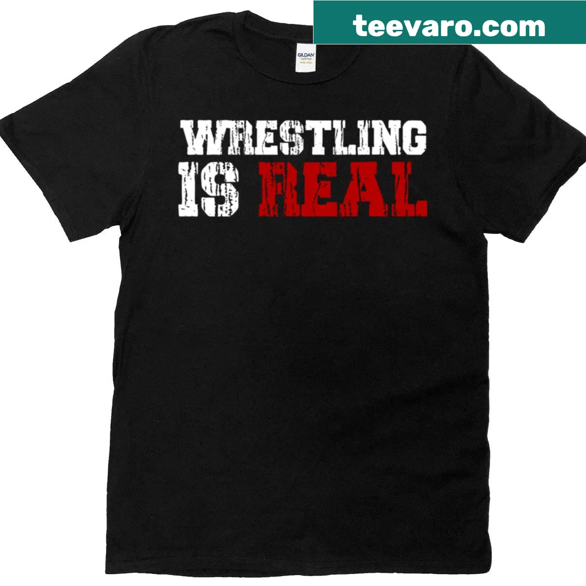 Oversized T-shirt with the phrase 'Wrestling Is Real' for wrestling fans. — on a men's t-shirt