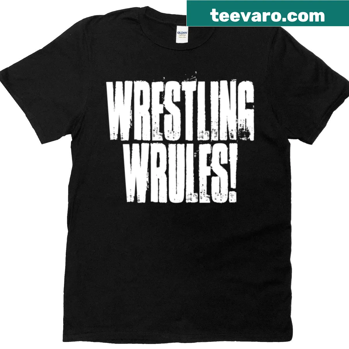 T-shirt featuring humorous text 'Wrestling Wrules' — on a men's t-shirt