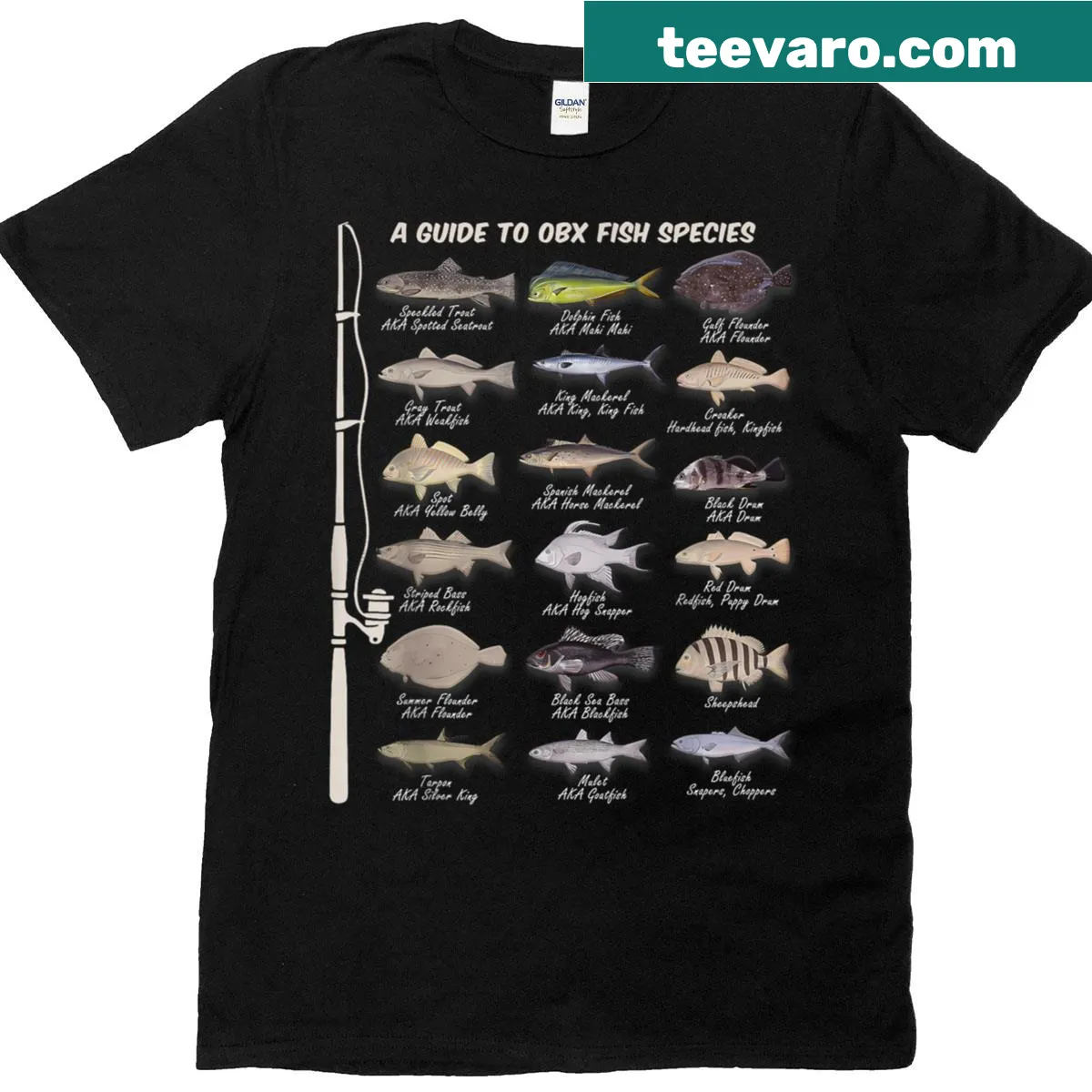 3D illustration t-shirt featuring various fish species for anglers — on a men's t-shirt