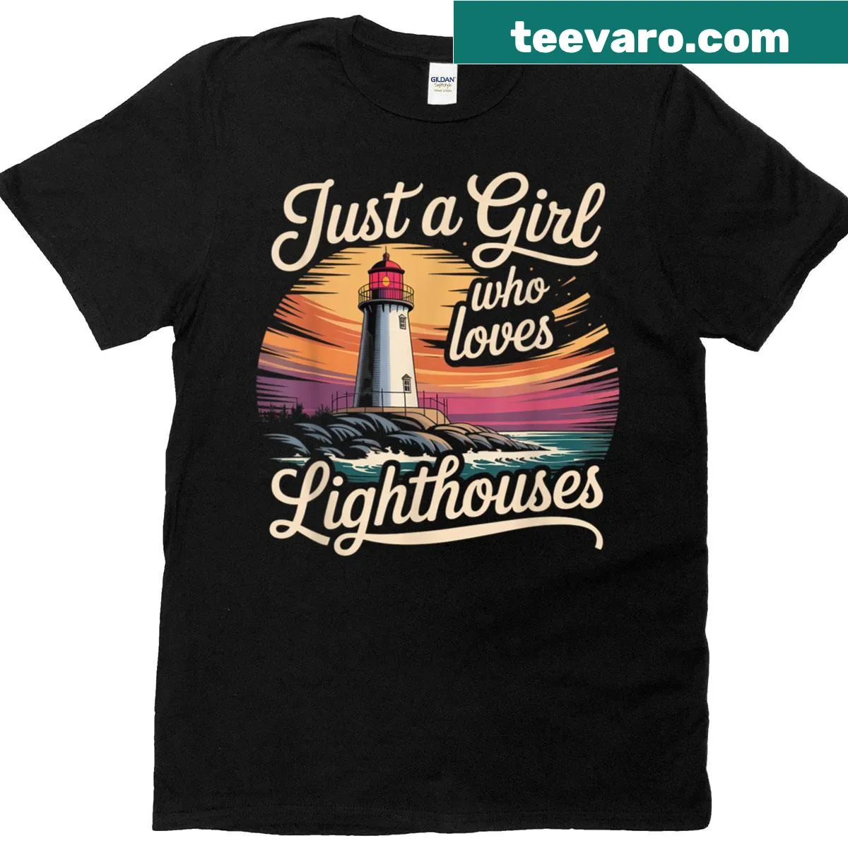 T-shirt featuring a girl with a lighthouse illustration — on a men's t-shirt