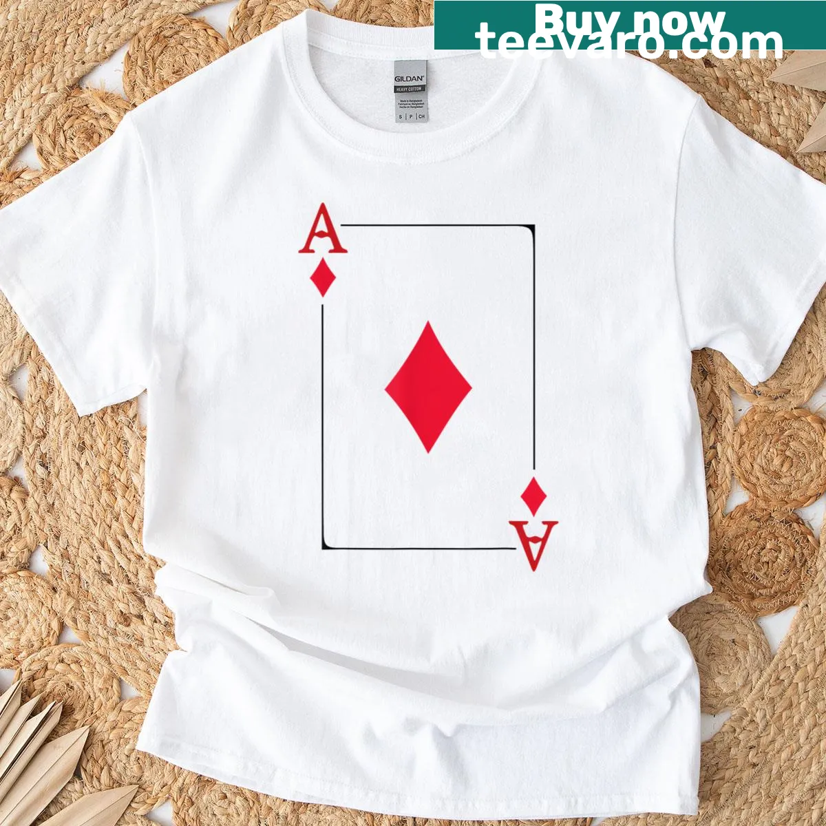 Illustrative T-shirt featuring an ace of diamonds for a royal flush theme — on a men's t-shirt