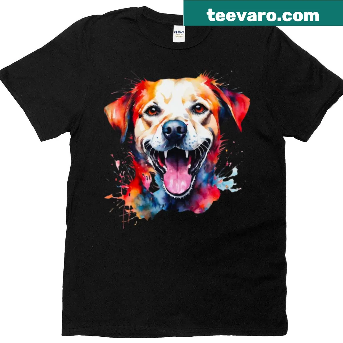 Cartoon-style T-shirt featuring a cheerful dog design — on a men's t-shirt
