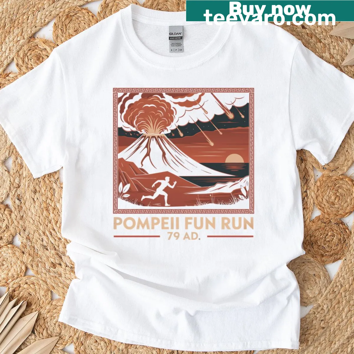Fun run themed t-shirt featuring Pompeii volcano history design. — on a men's t-shirt
