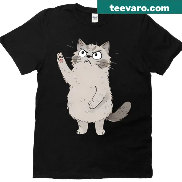 Funny T-shirt featuring an angry cartoon cat raising its paw