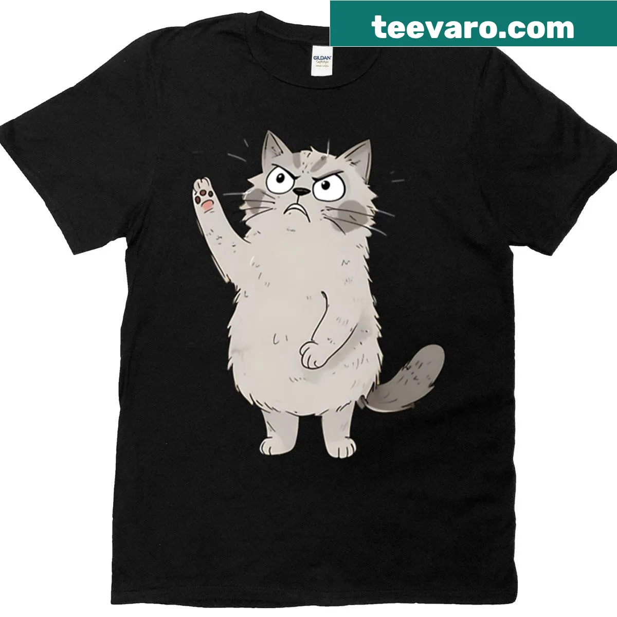 Funny T-shirt featuring an angry cartoon cat raising its paw — on a men's t-shirt