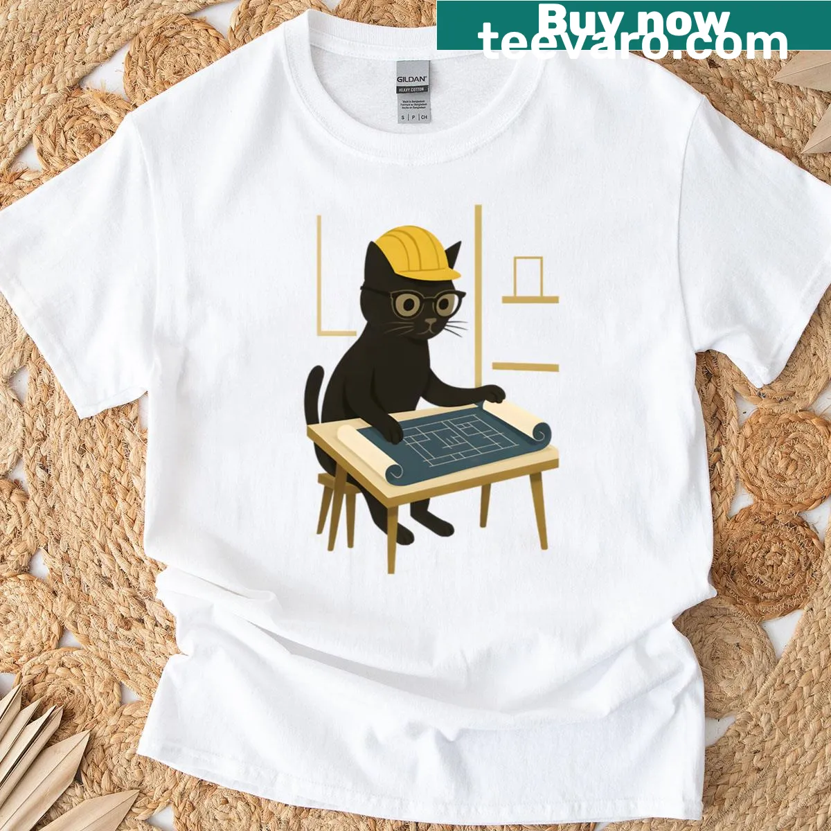Oversized t-shirt featuring a cat with architectural blueprints — on a men's t-shirt