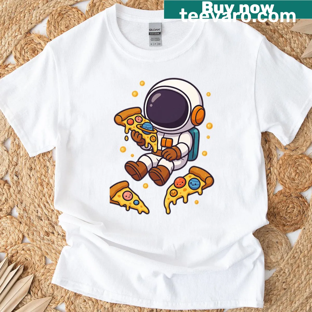 Astronaut floating in zero gravity eating pizza with planet toppings. — on a men's t-shirt