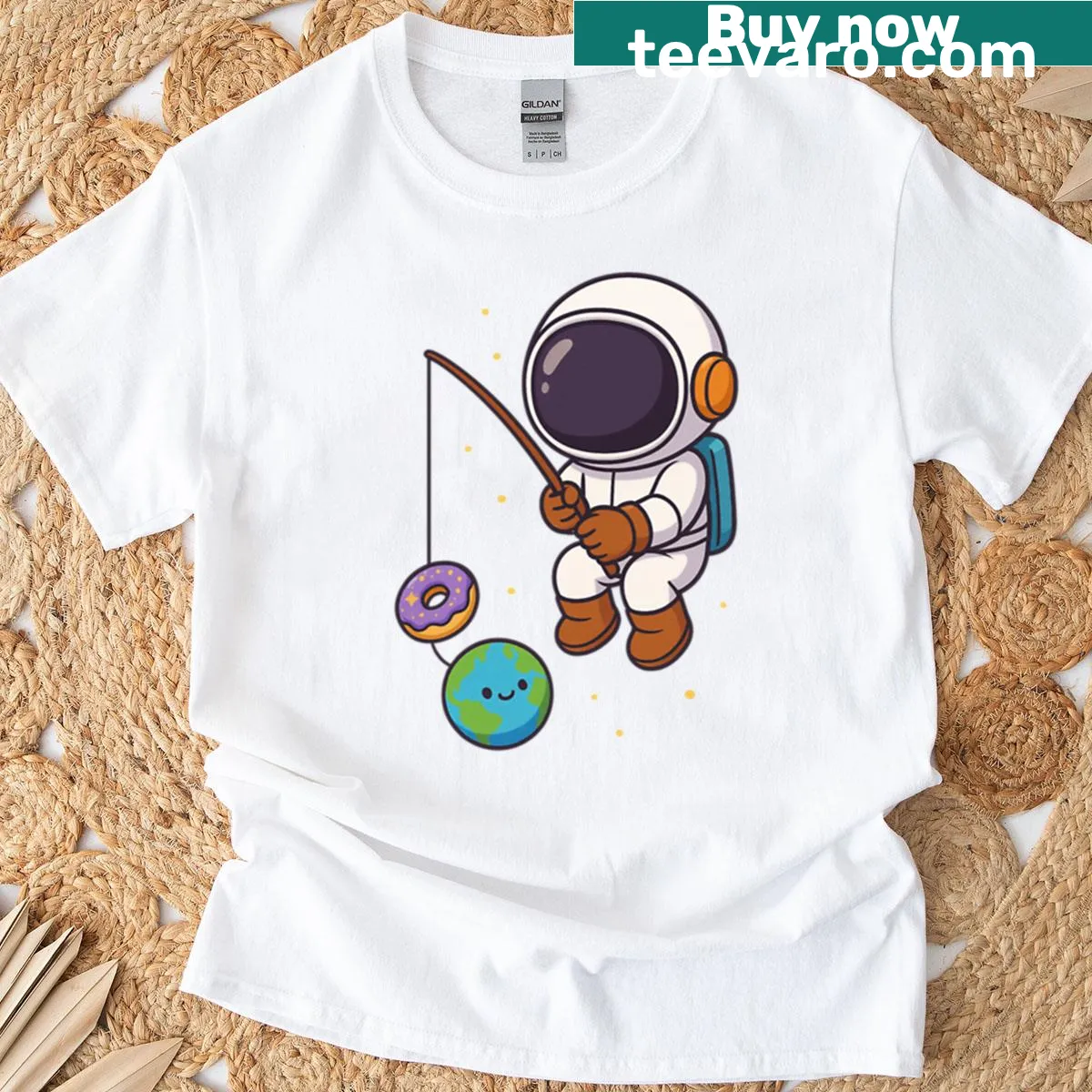 Illustration of an astronaut fishing in space with donuts on a t-shirt — on a men's t-shirt