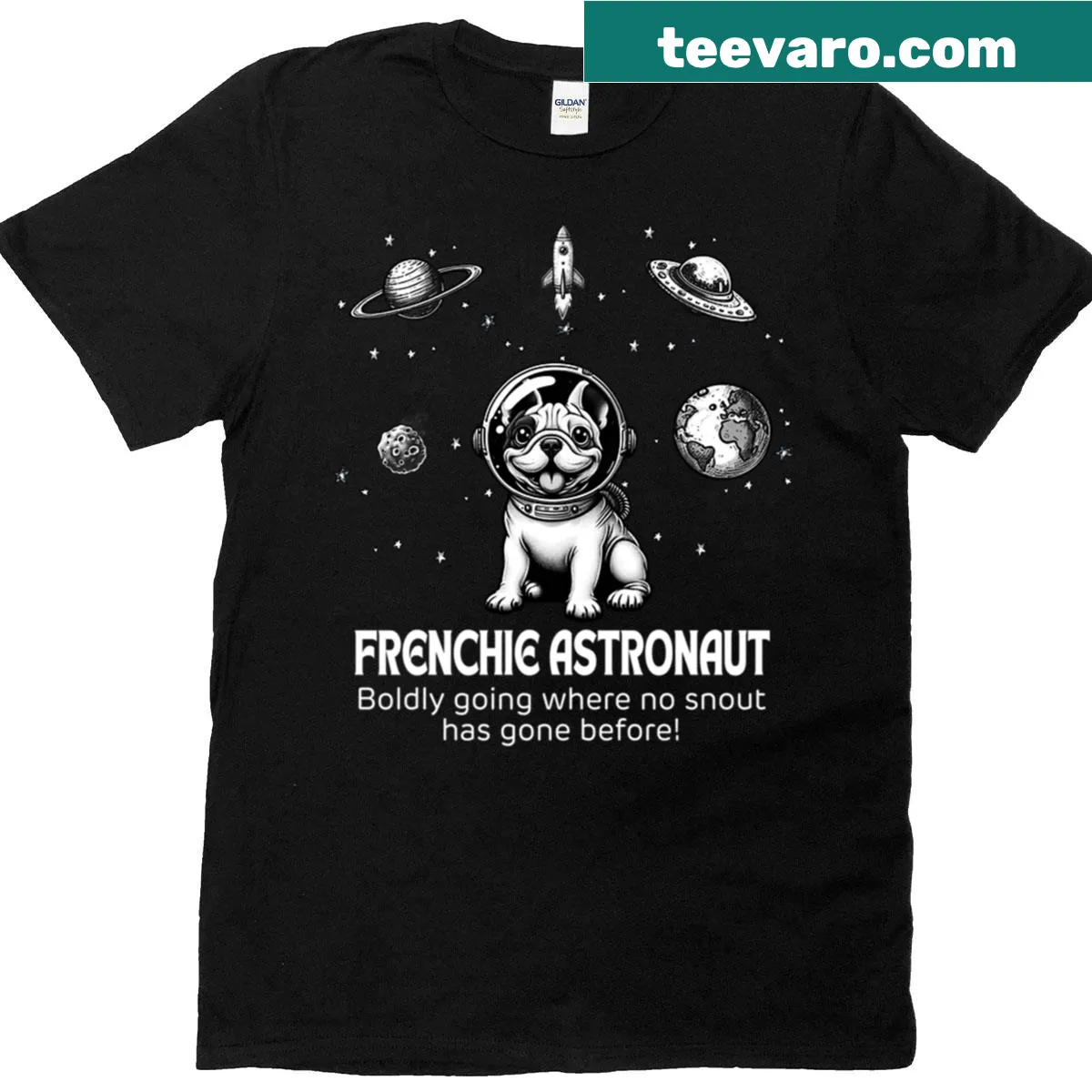 Funny astronaut French Bulldog graphic t-shirt — on a men's t-shirt