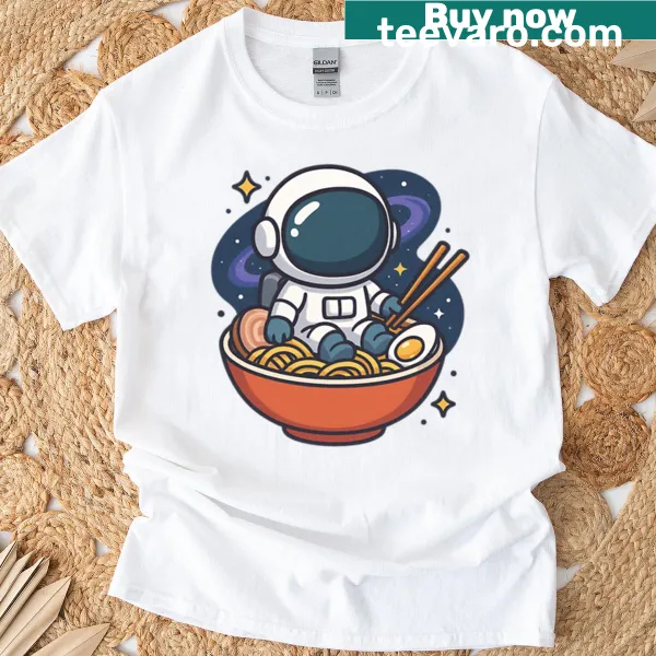 Kawaii illustration of an astronaut sitting in a ramen bowl on a t-shirt