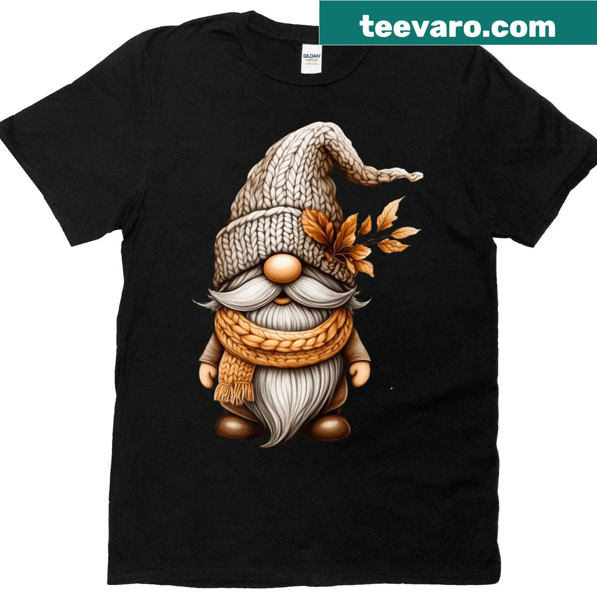 Whimsical autumn gnome t-shirt with leaves and a knitted hat — on a men's t-shirt