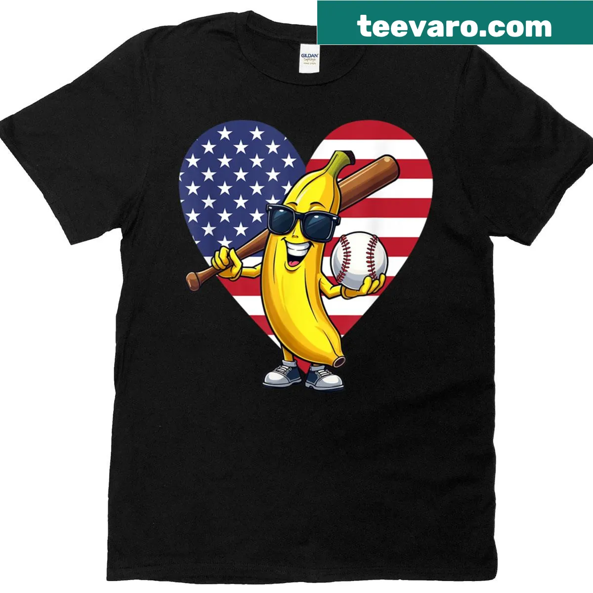 Cartoon banana character with baseball cap on a cute tee — on a men's t-shirt