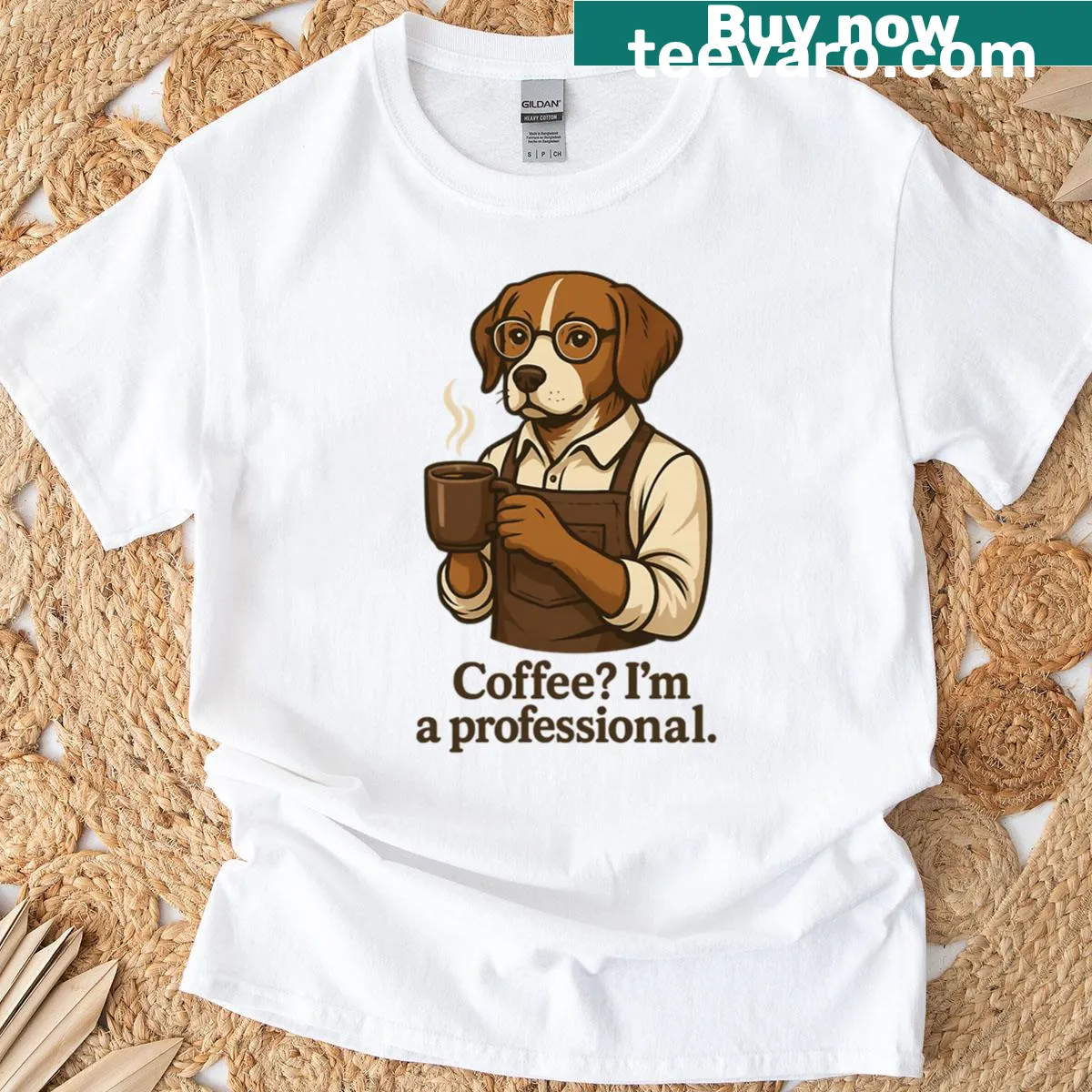Fun T-shirt with a dog barista and the phrase 'I'm a Professional.' — on a men's t-shirt