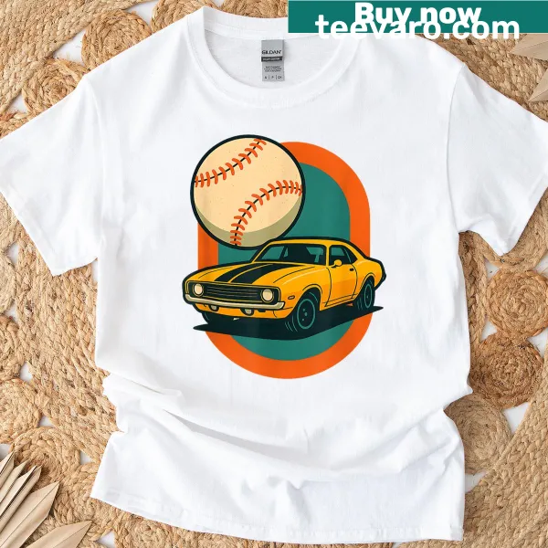 Retro t-shirt featuring baseball and muscle car graphics