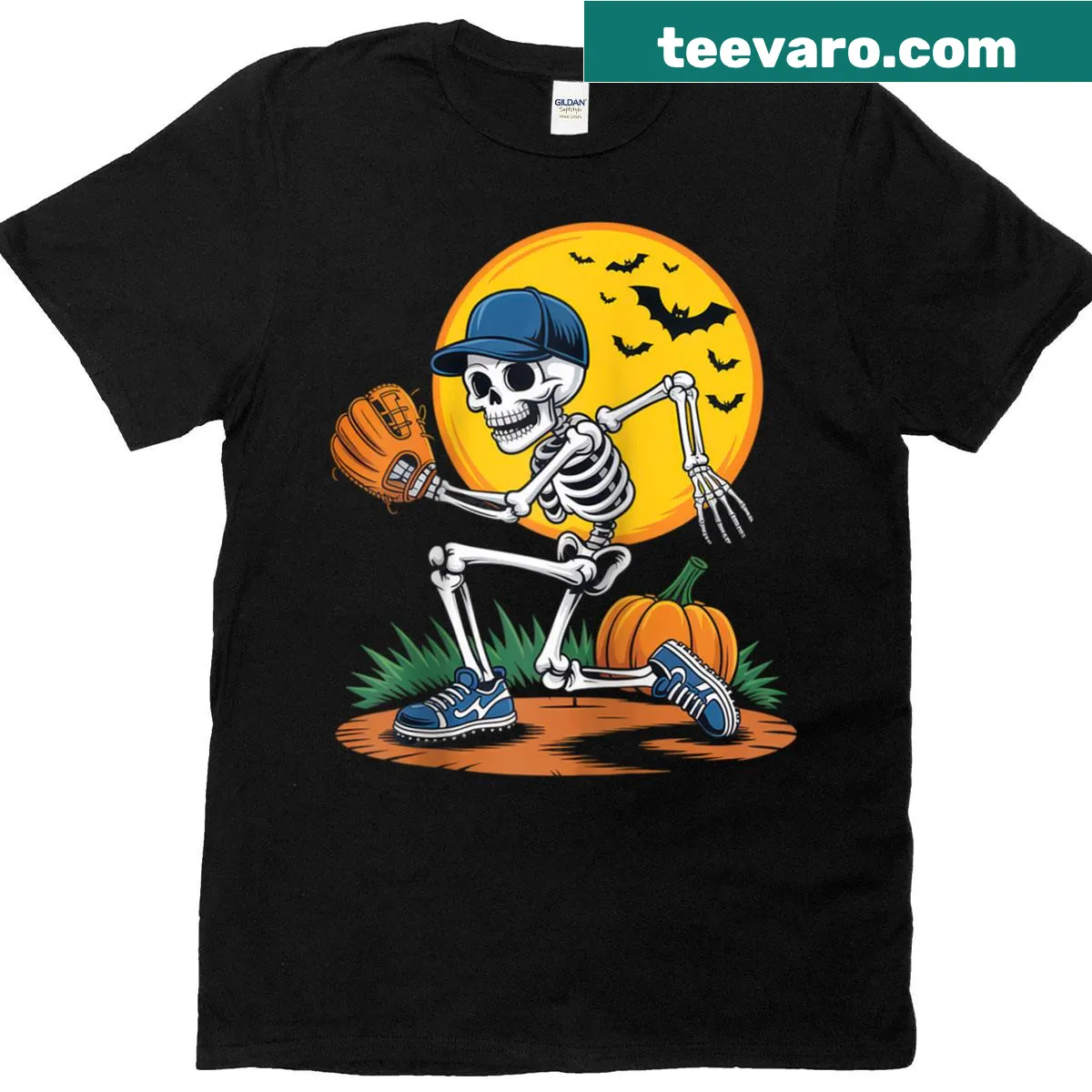 Cartoon skeleton running with a baseball bat on a raglan tee — on a men's t-shirt