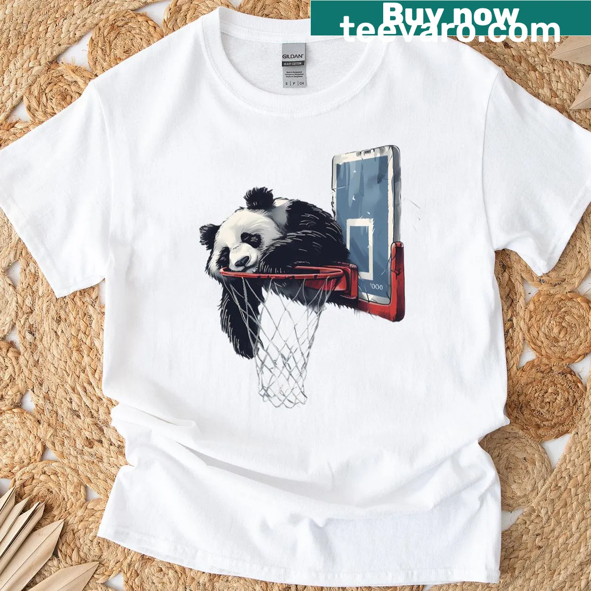 Cute panda bear playing basketball graphic t-shirt — on a men's t-shirt