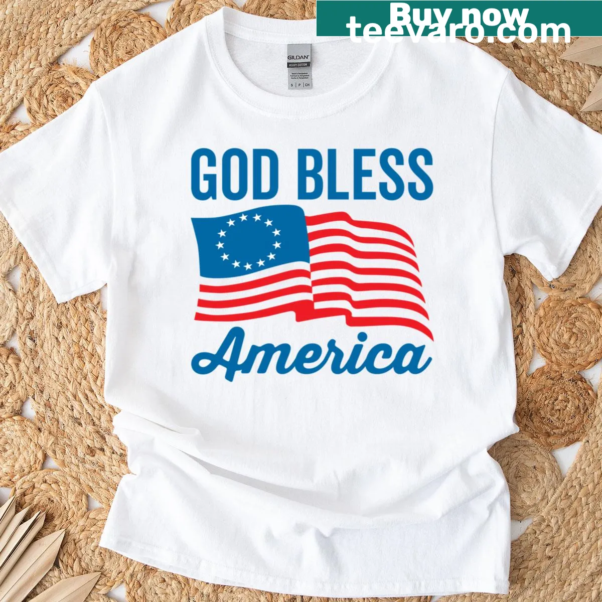 Betsy Ross Flag t-shirt with patriotic text — on a men's t-shirt