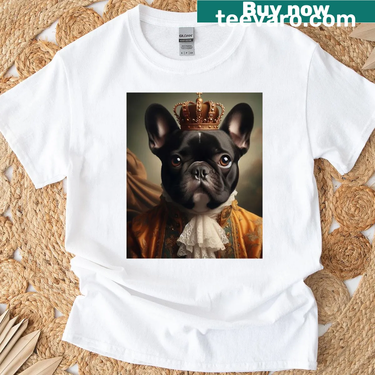 Illustrated French bulldog dressed in royal Baroque attire — on a men's t-shirt