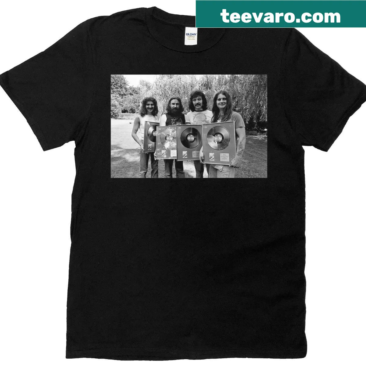 Retro Black Sabbath t-shirt celebrating 'Technical Ecstasy' with silver disc graphics. — on a men's t-shirt