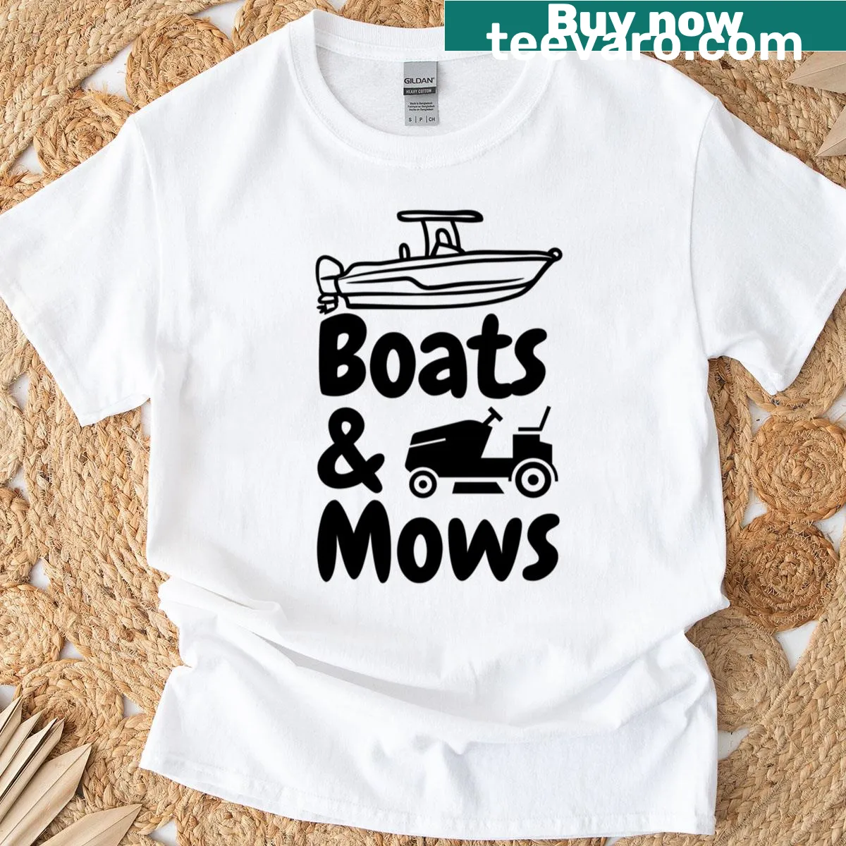 Illustration of a boat and lawnmower on a Dadcore themed t-shirt — on a men's t-shirt