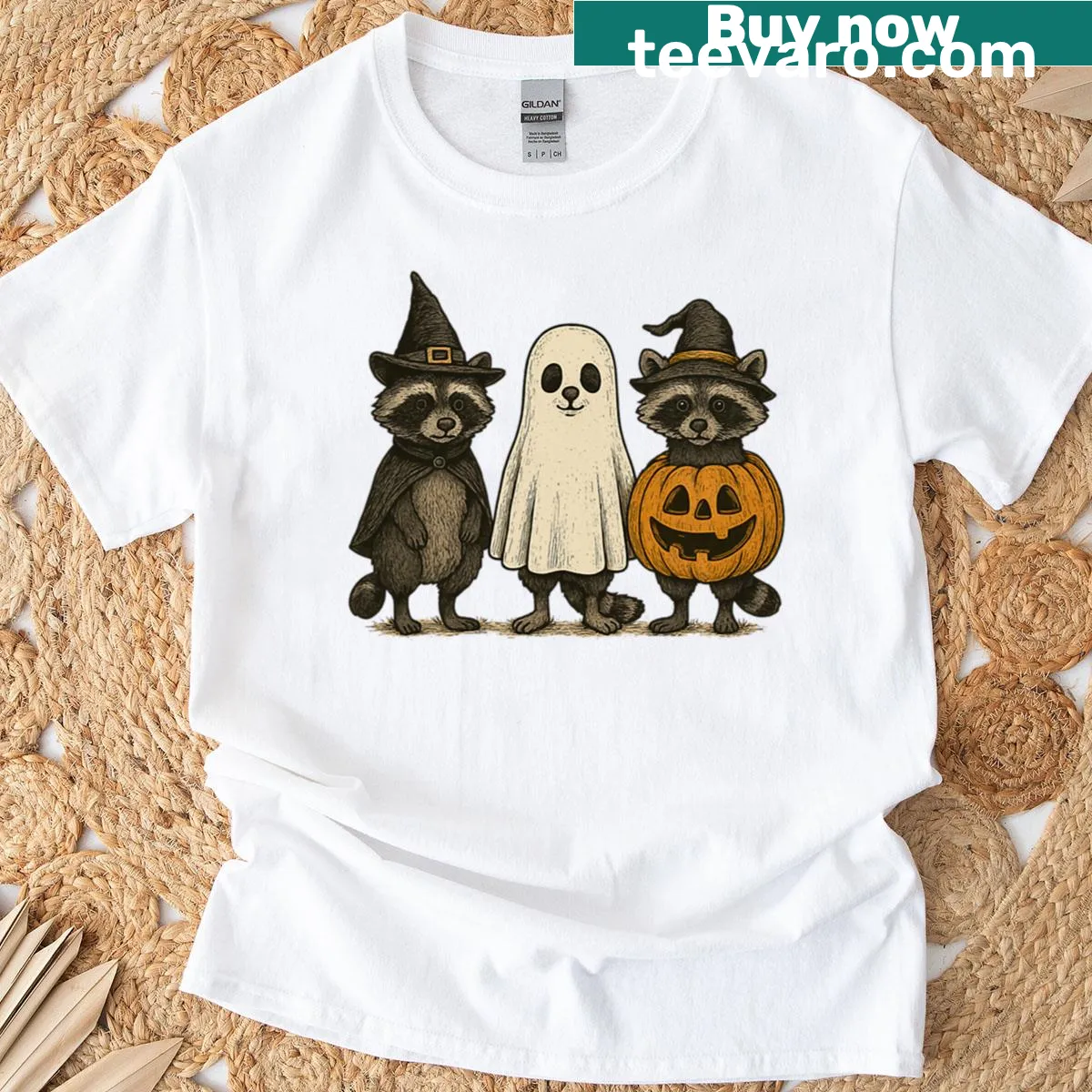 Cartoon ghost raccoon design on a Halloween themed t-shirt — on a men's t-shirt