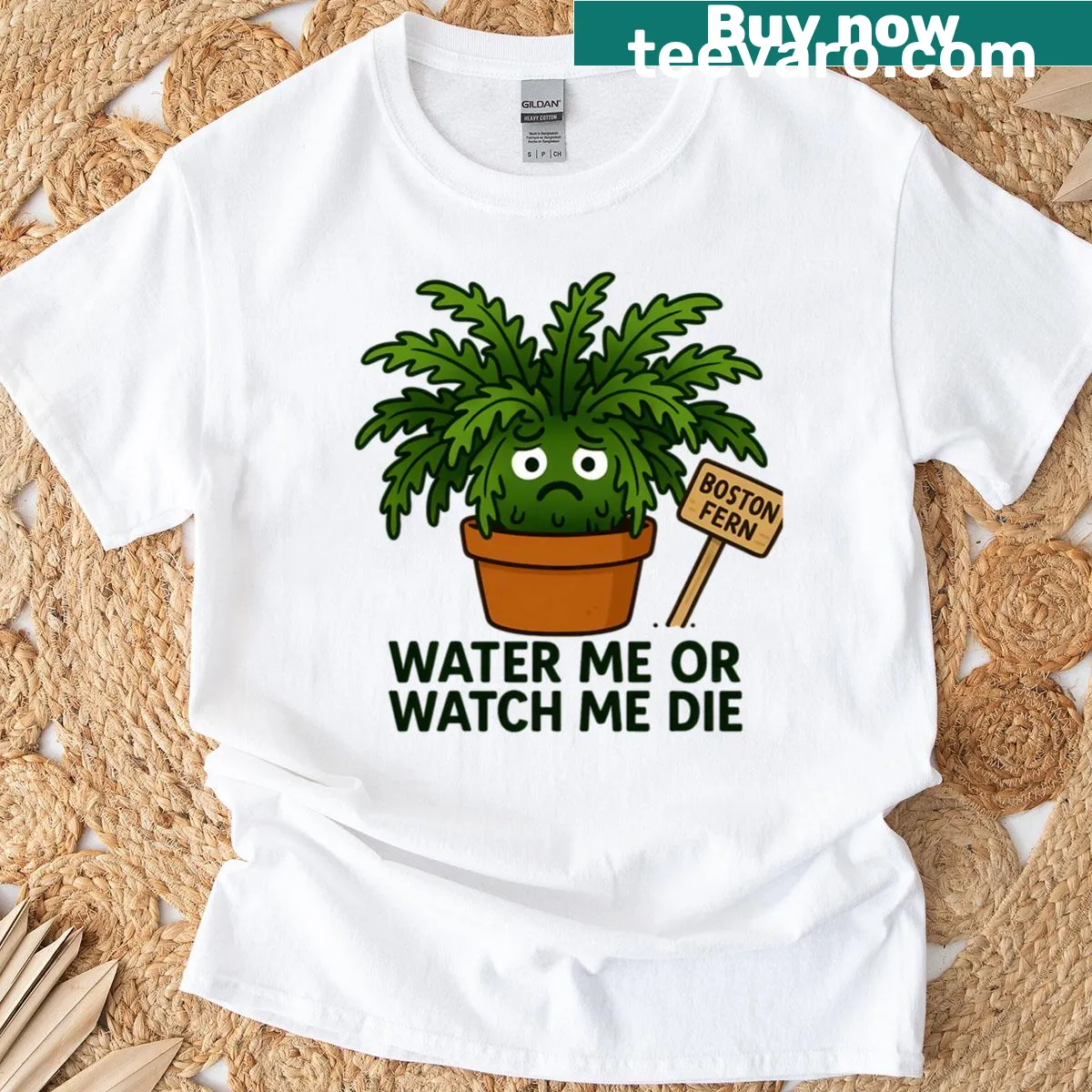 Humorous Boston Fern t-shirt with cartoon character and plant care message — on a men's t-shirt