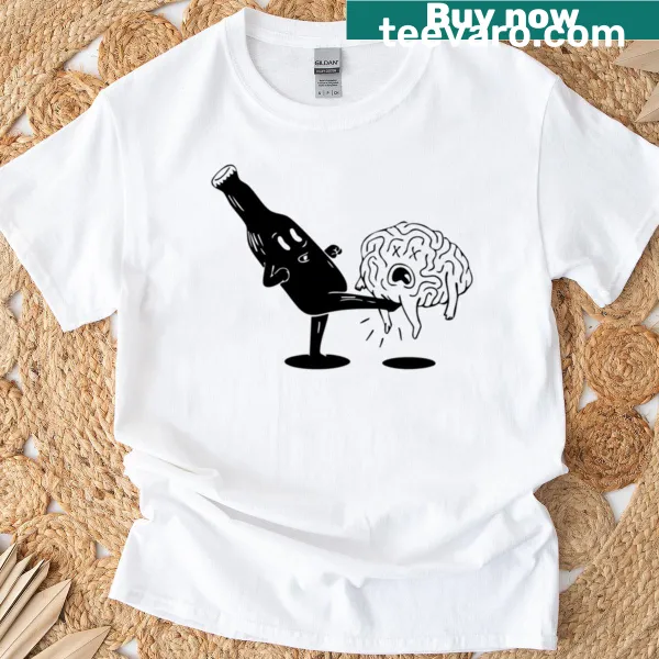 Humorous graphic tee with the phrase 'Bottle Kicks Brain' in playful typography