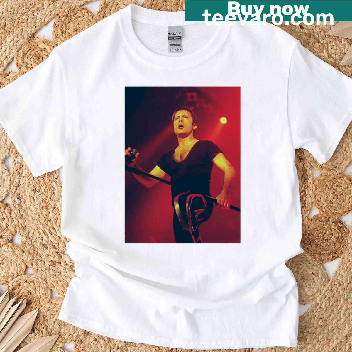 T-shirt featuring an illustration of Bruce Dickinson performing live in Paris — on a men's t-shirt