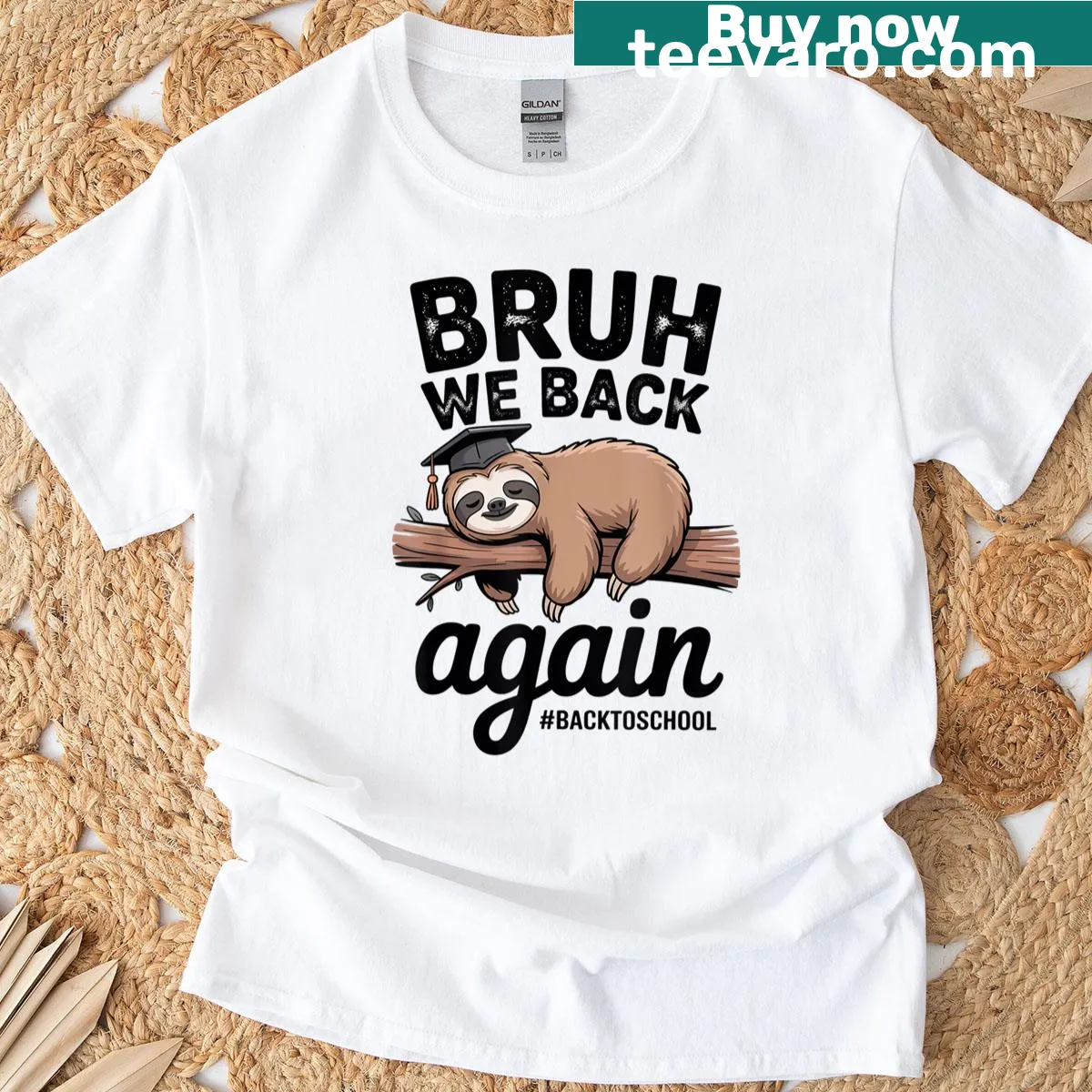 Funny retro sloth t-shirt with 'Bruh We Back Again' text — on a men's t-shirt