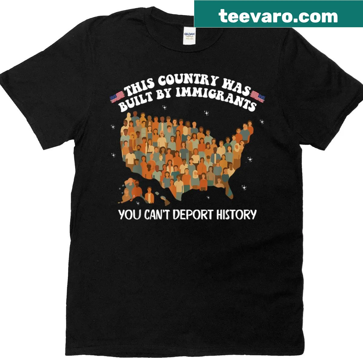 Bold text t-shirt featuring pro-immigration messages. — on a men's t-shirt
