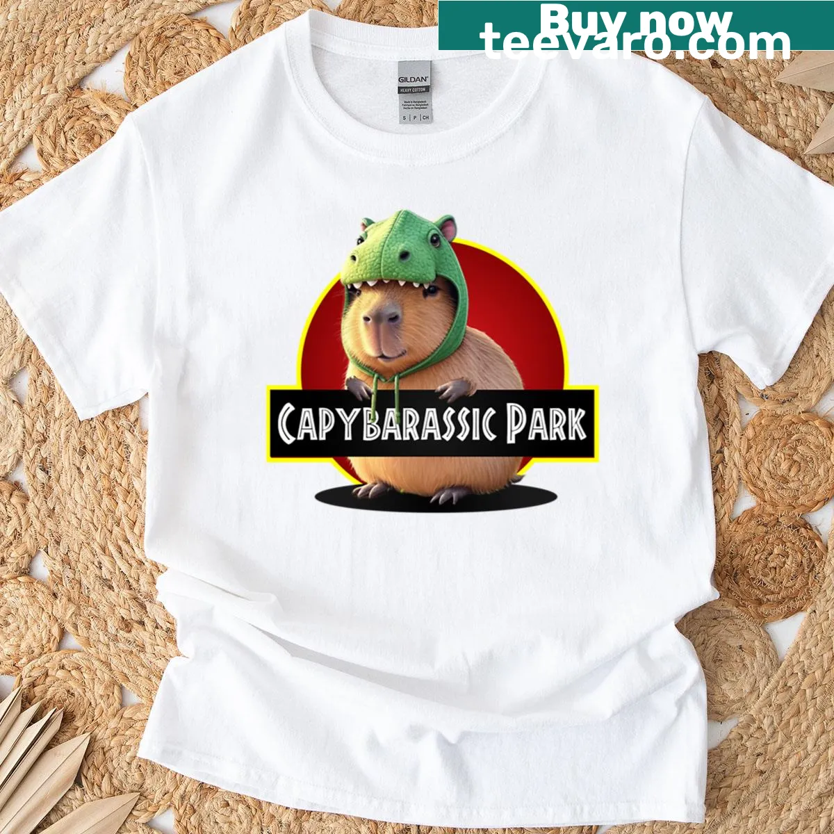 Capybaras in a playful dinosaur-themed design T-shirt — on a men's t-shirt