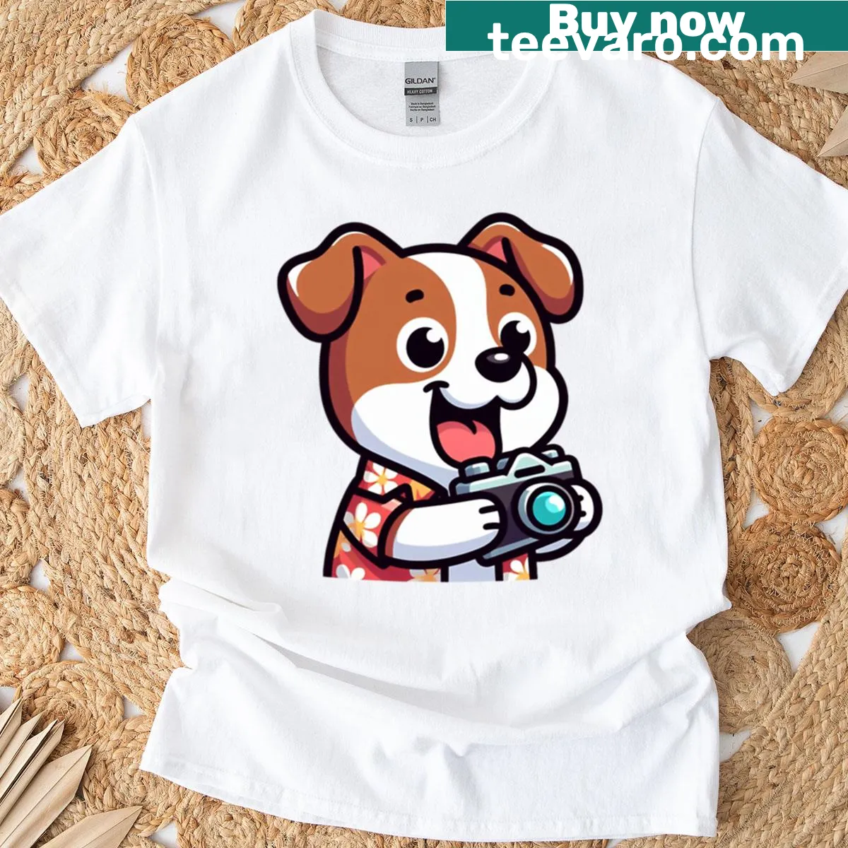 Cartoon dog and pup illustration in Hawaiian tourist attire — on a men's t-shirt