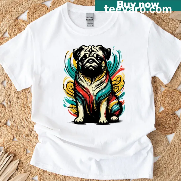 Cartoon pug surrounded by splatter paint art