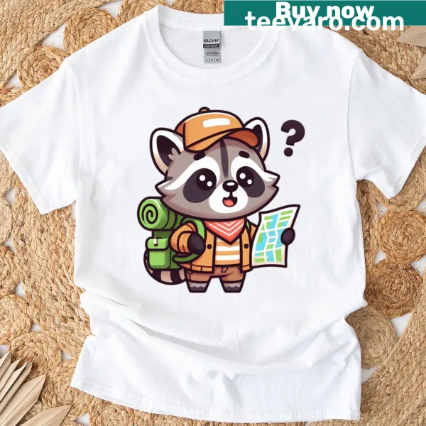 Cartoon raccoon explorer t-shirt with a happy raccoon and forest background