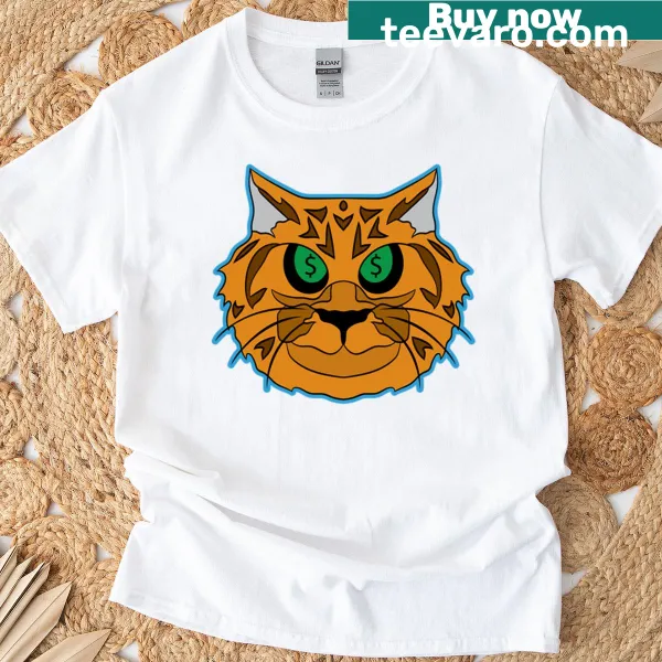 Cartoon cat design resembling a dollar bill on a fun t-shirt