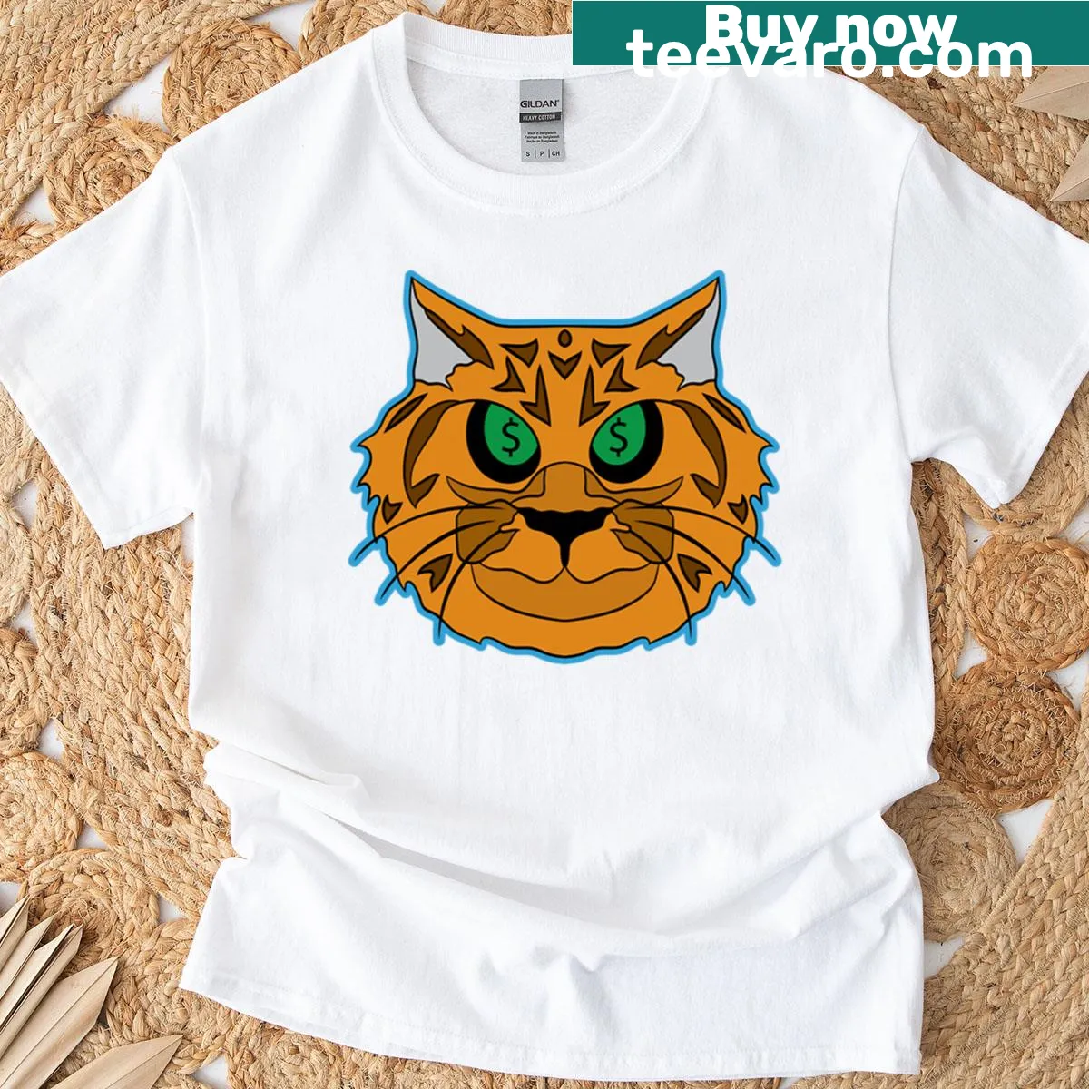 Cartoon cat design resembling a dollar bill on a fun t-shirt — on a men's t-shirt