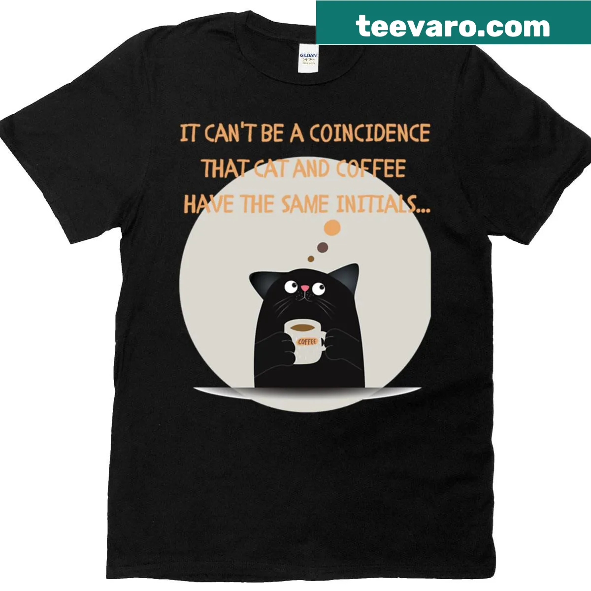 T-shirt featuring a black cat illustration and coffee quote — on a men's t-shirt
