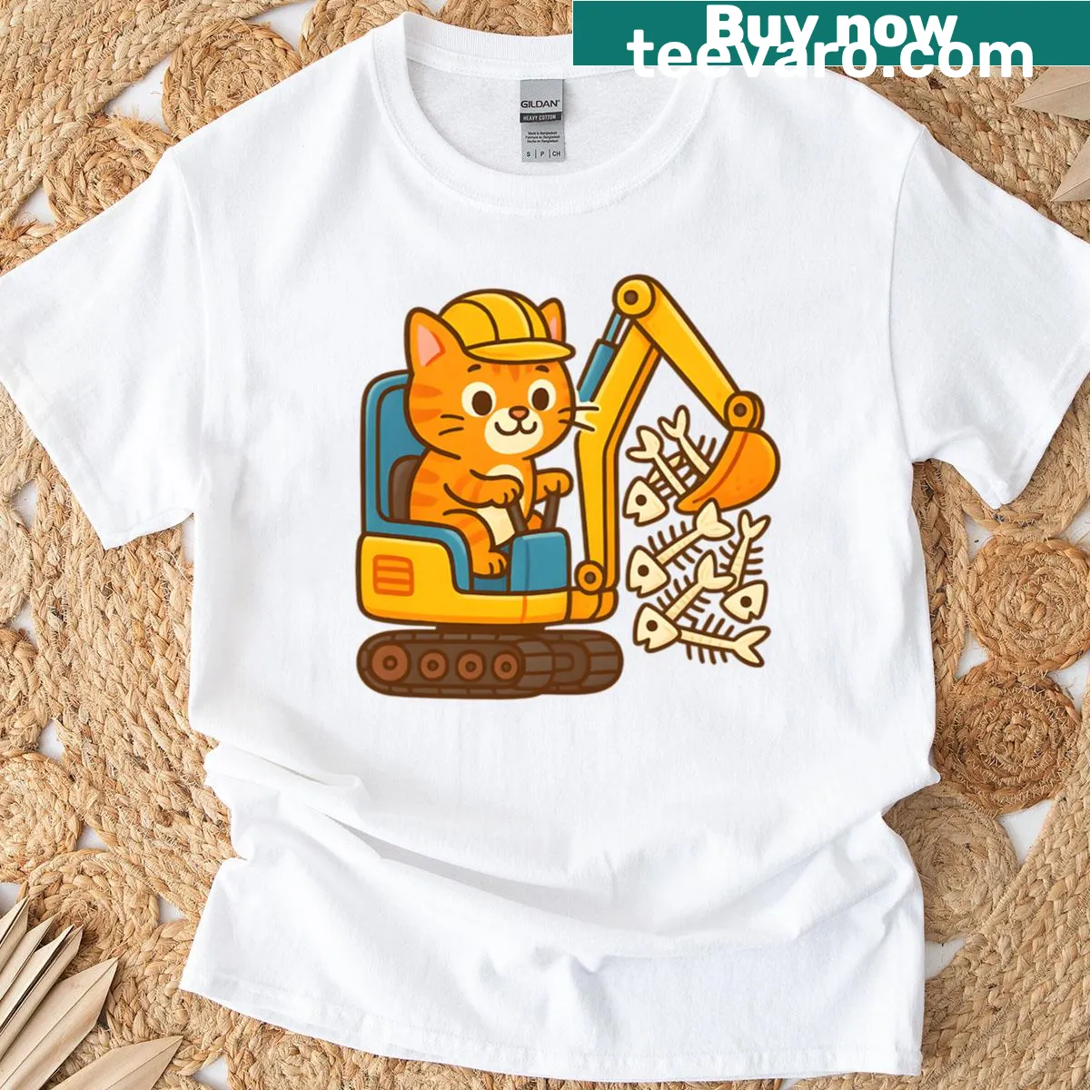 Cat operating a mini excavator t-shirt with a playful cat design — on a men's t-shirt