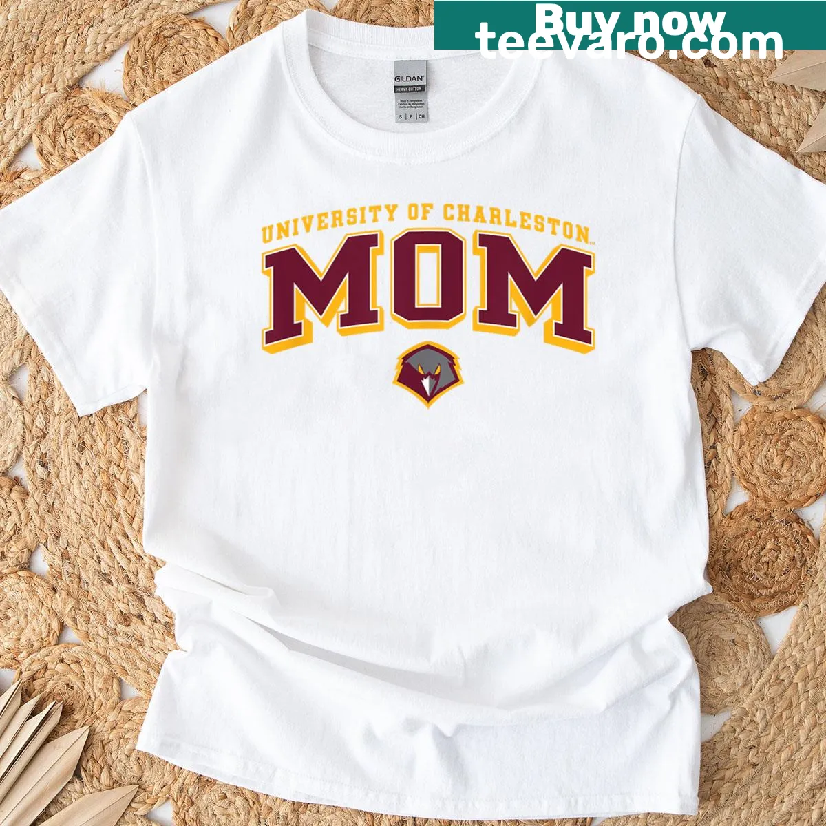Charleston Golden Eagles Mom t-shirt with arch design and school logo — on a men's t-shirt