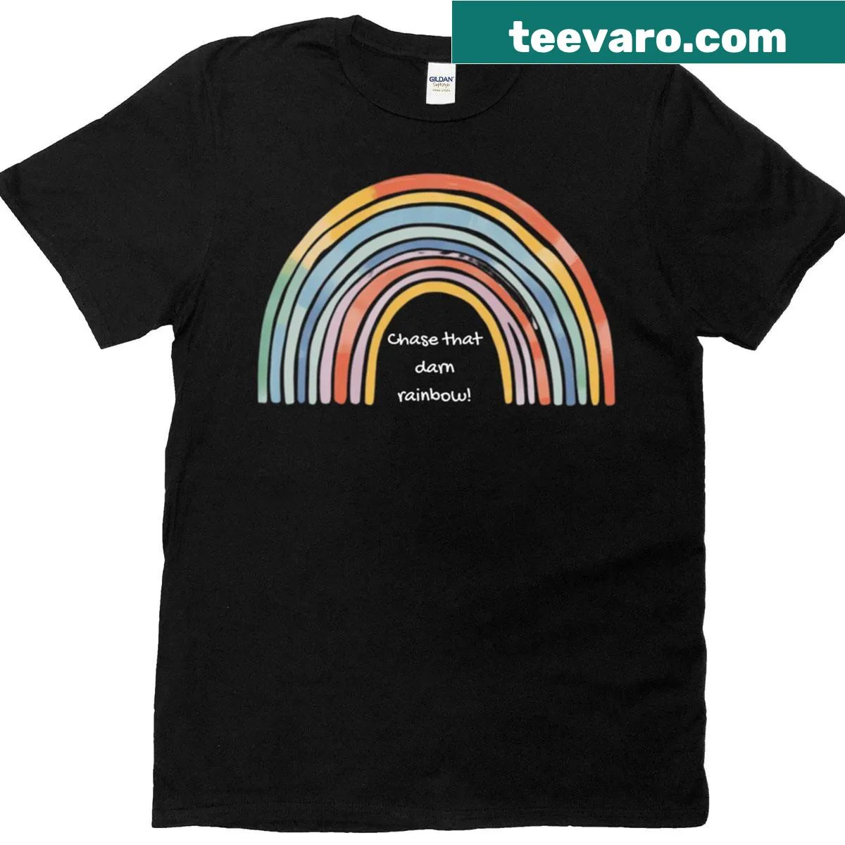 Motivational t-shirt with the quote Chase That Darn Rainbow — on a men's t-shirt