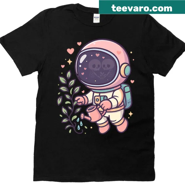 Chibi astronaut watering a plant in space graphic on a t-shirt