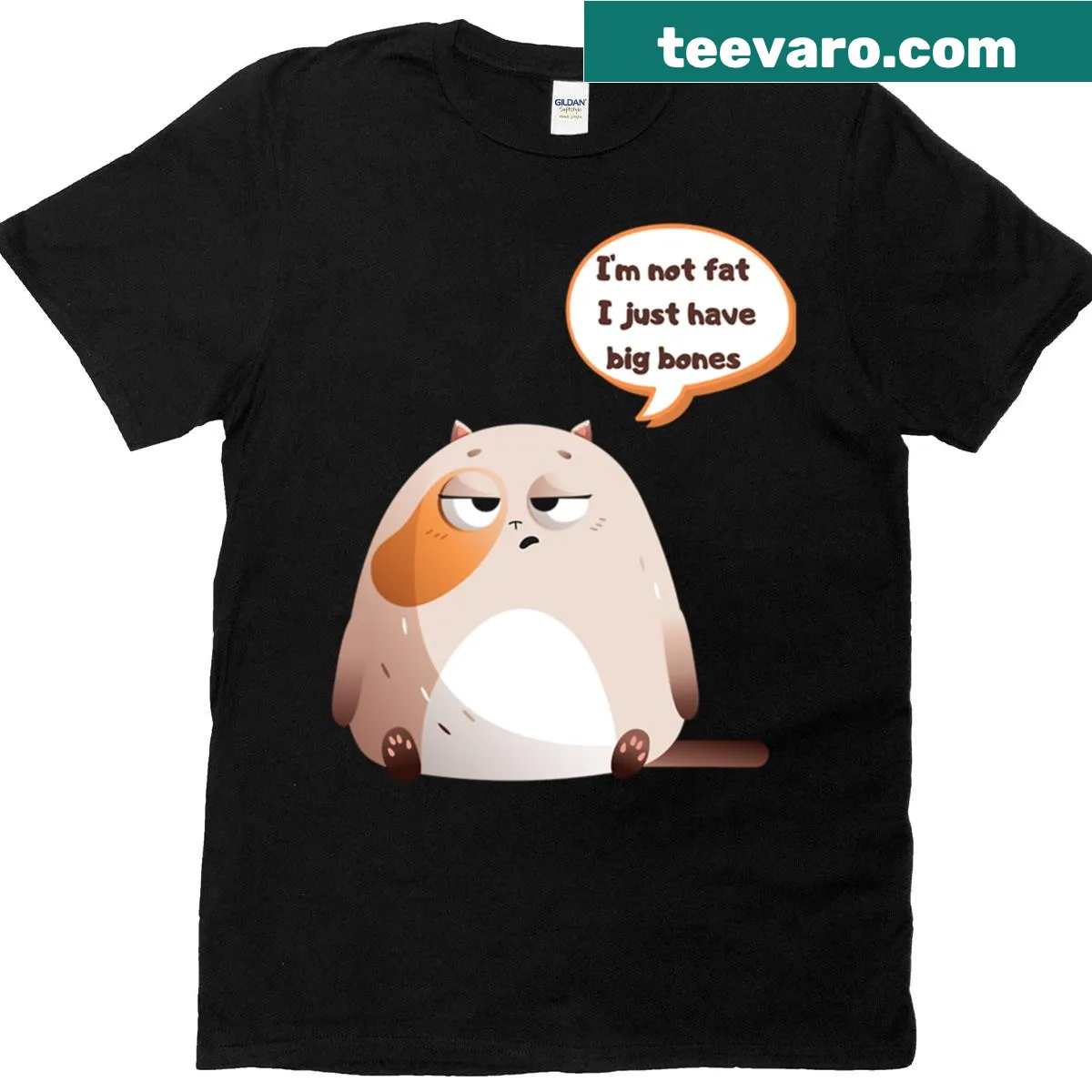 Funny t-shirt with cartoon cat and the phrase 'Chubby Cat Not Fat.' — on a men's t-shirt