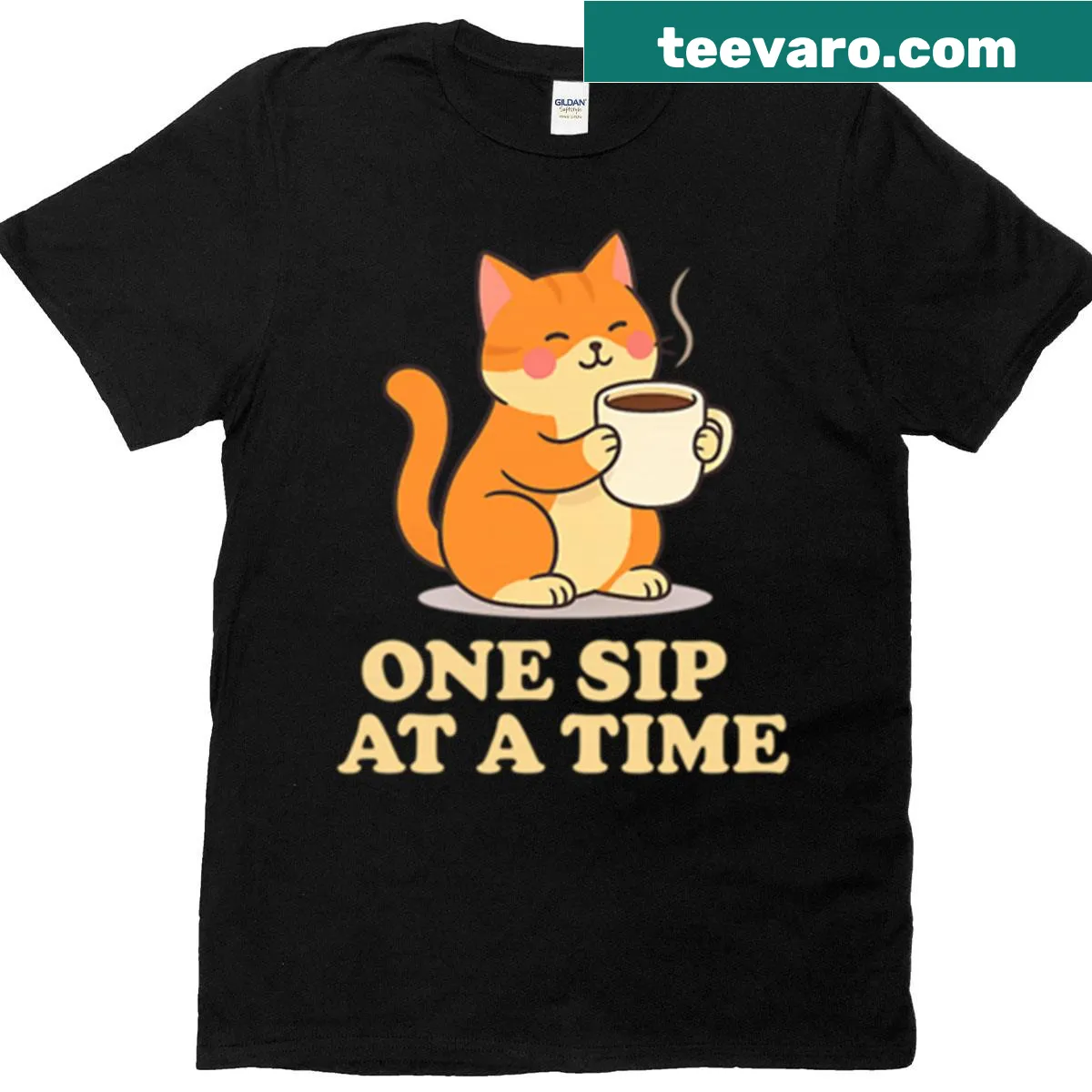 Cute cat-themed t-shirt saying 'Coffee Cat One Sip At A Time.' — on a men's t-shirt