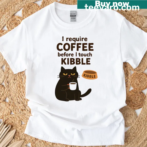 Funny black cat t-shirt with coffee quote and playful cat design