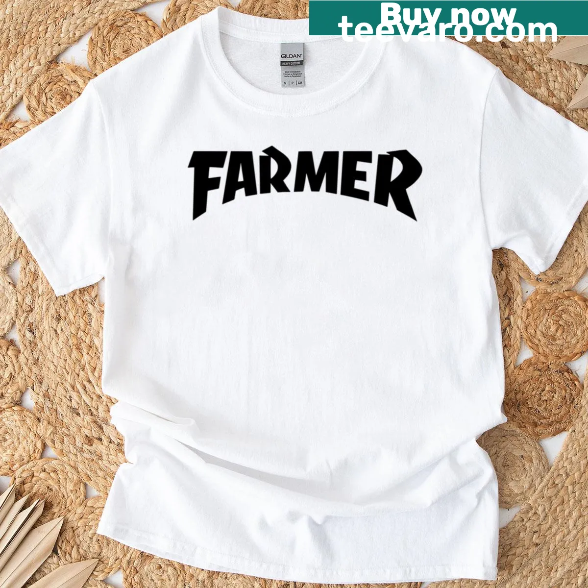 Black T-shirt with a bold logo celebrating farmers and agriculture. — on a men's t-shirt