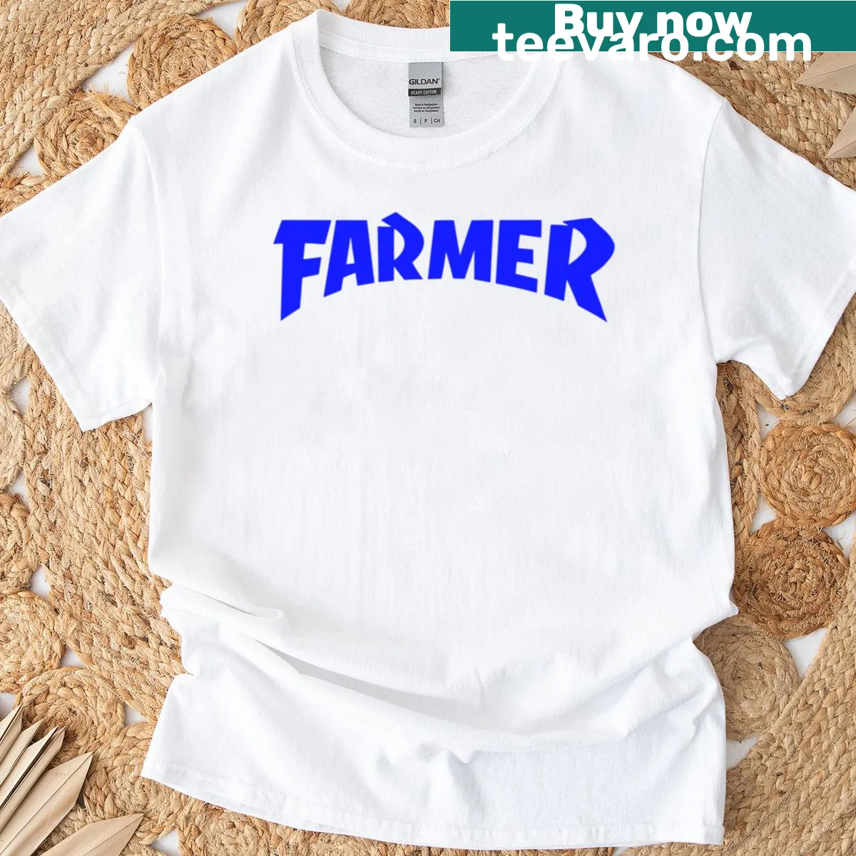 Navy T-shirt with a prominent logo celebrating farmers and agriculture. — on a men's t-shirt
