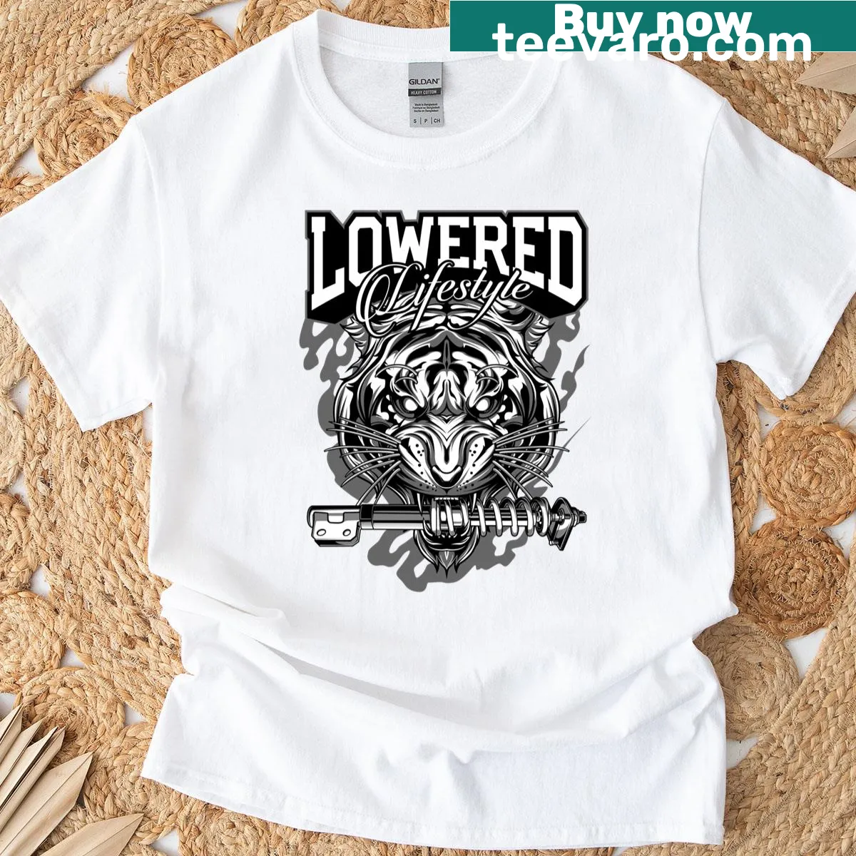 Retro lion graphic representing lowered lifestyles and JDM culture — on a men's t-shirt
