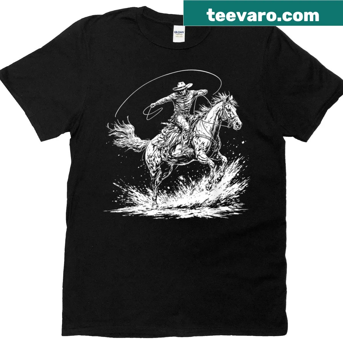 Black t-shirt with a cowboy riding a horse design for rodeo fans — on a men's t-shirt